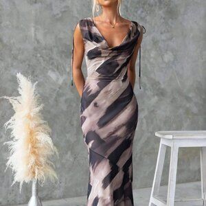 Tied Sleeveless Printed Maxi Dress | New Sheath Formal Dress w/ Cowl Neck